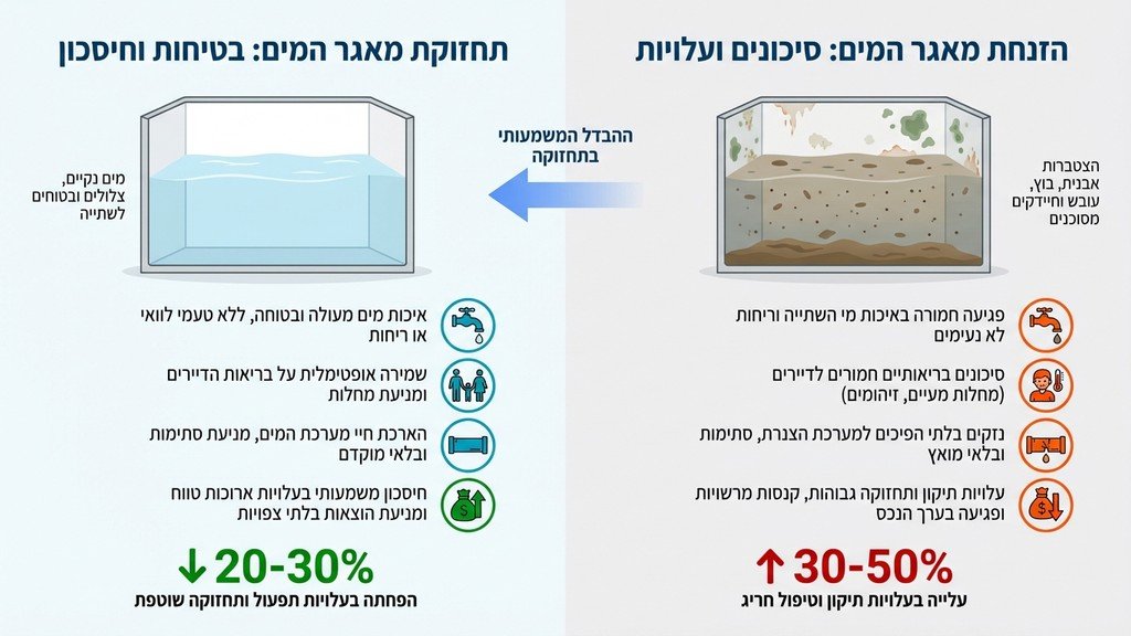 נוצר על ידי מודל בינה מלאכותית Gemini Pro Clean water tank on a residential building rooftop