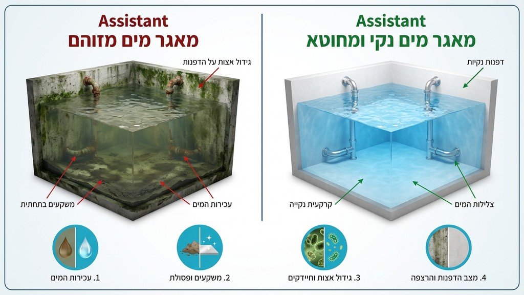 פנים של מאגר מים נקי ומתוחזק לאחר תהליך חיטוי מקצועי