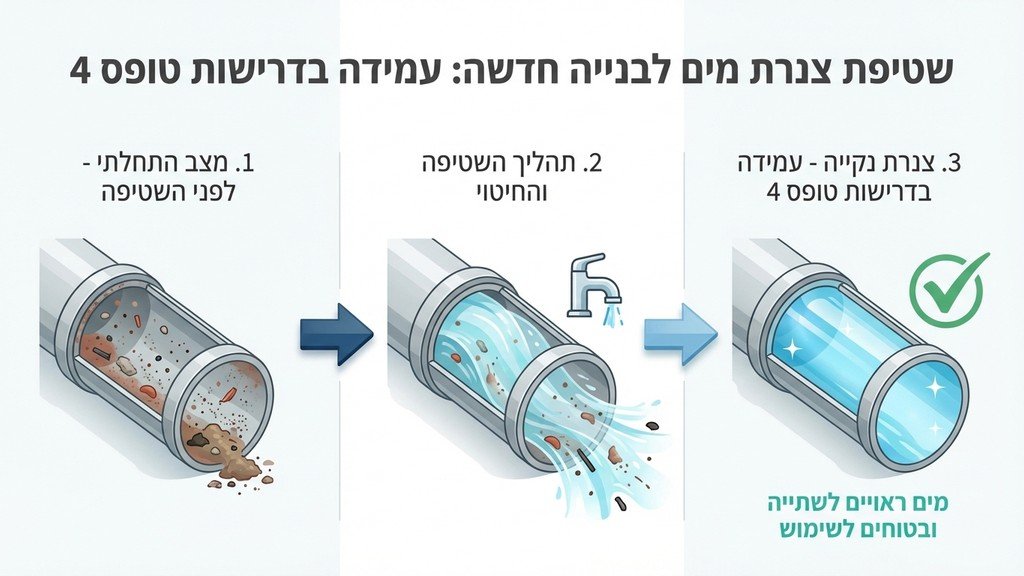 תהליך שטיפה וחיטוי של צנרת מים חדשה לקראת קבלת טופס 4 במבנה בבנייה