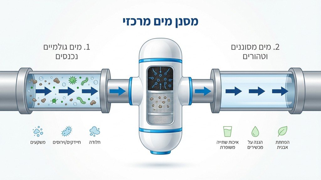 התקנת מסנן מים ראשי על צינור ההזנה המרכזי של המבנה