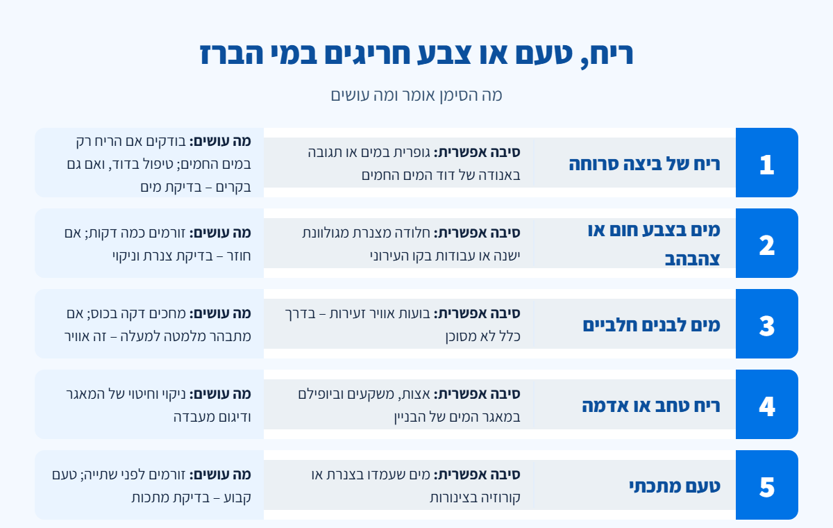אינפוגרפיקה: 5 סימנים חריגים במי הברז – ריח ביצה סרוחה, צבע חום, מים לבנים, ריח טחב וטעם מתכתי – הסיבה האפשרית לכל אחד ומה עושים